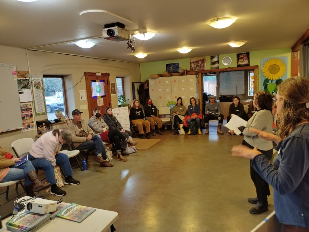 Annual gathering 2024 (People sitting around room in a circle at GRuB farmhouse.